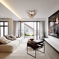 Modern Living Dining Room Interior With Large Windows White Sofa Rug And TV Wall