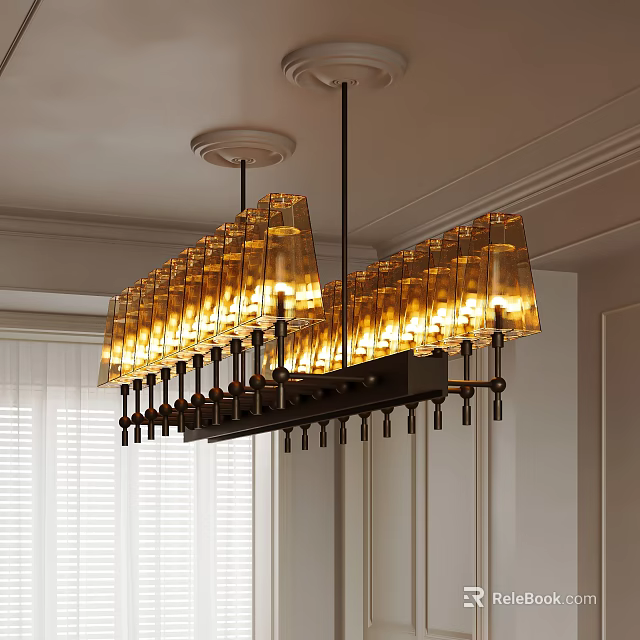 Modern Chandelier with Multiple Glass Shades Warm Yellow Light Metal Frame Hanging from Indoor Ceiling 3d model 