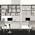 Modern Home Study Double Desk With Integrated Bookshelves Decor Pieces And Beige Accent Chairs
