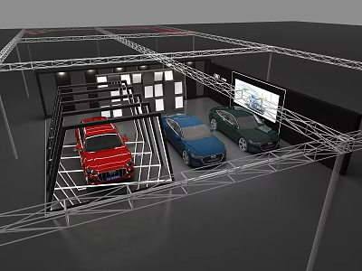 Exhibition Booth With Steel Frame Structure Displaying Multiple Cars And Large Screen 3d model