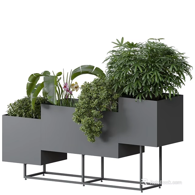 Various Green Potted Plants In Gray Rectangular Multi Tier Planters With Black Stands 3d model