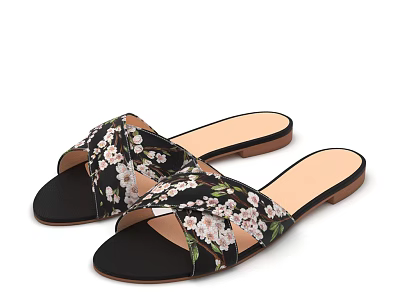 Black Slippers With Crisscross Straps And White Pink Floral Pattern Brown Sole 3d model