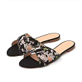 Black Slippers With Crisscross Straps And White Pink Floral Pattern Brown Sole