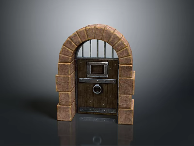 Ancient Stone Arch Door With Wooden Panel Iron Bars And Metal Knocker 3d model