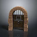 Ancient Stone Arch Door With Wooden Panel Iron Bars And Metal Knocker