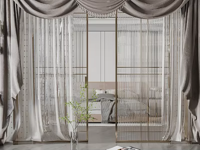 Modern Elegant Gray Sheer Curtains Interior Design With Metal Frame In Bedroom 3d model