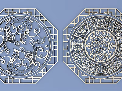 Chinese Traditional Intricately Carved Lattice Windows With Dragon Patterns Octagonal Frames And Circular Centers 3d model