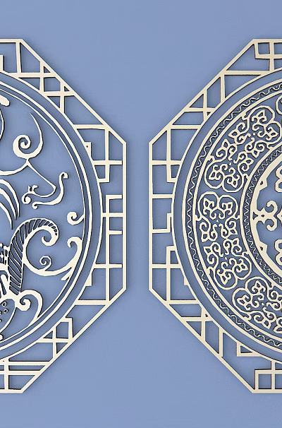 Chinese Traditional Intricately Carved Lattice Windows With Dragon Patterns Octagonal Frames And Circular Centers 3d model