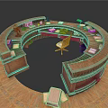 Circular Wooden Reception Desk With Green Desk Lamp Documents And Wooden Chair On Wooden Floor