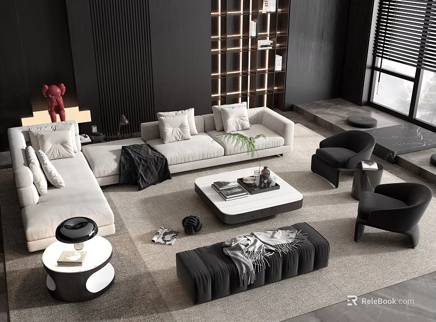 Modern Luxury Light Gray Sofa With Square Coffee Table And Black Chairs 3d model
