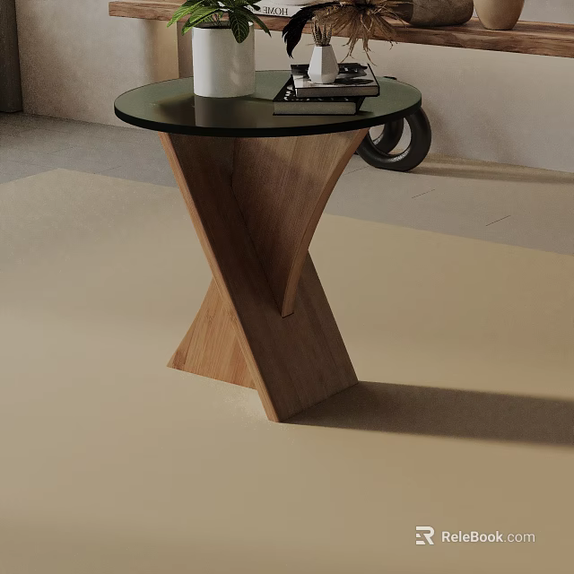 Round Glass Top Side Table With Wooden X Shaped Base And White Cup Books 3d model 