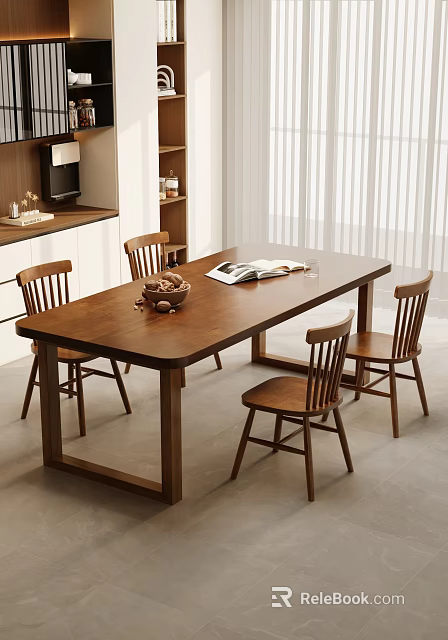 Wooden Dining Table Set With Four Matching Chairs And Open Book On Top 3d model 