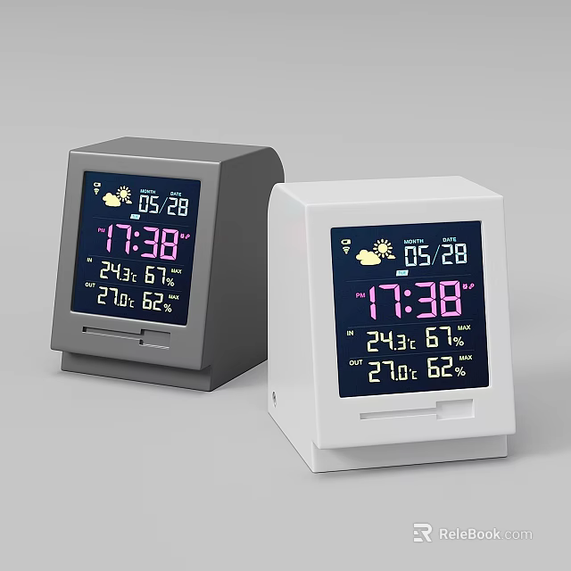 Gray and White Digital Clocks with Time Date Temperature Humidity and Weather Icon 3d model 