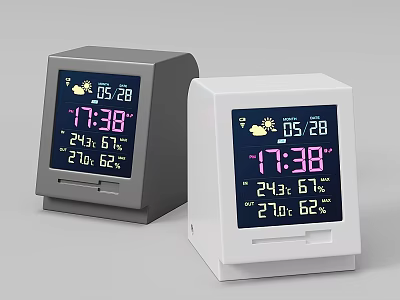 Gray and White Digital Clocks with Time Date Temperature Humidity and Weather Icon 3d model