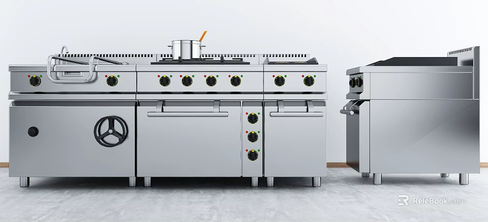 Stainless Steel Professional Kitchen Appliances With Multiple Commercial Cooking Equipment Design 3d model 