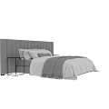 Modern Double Bed With Upholstered Headboard Multiple Soft Pillows Striped Duvet And Wooden Nightstand