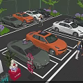 Modern Car Showroom With Various Colored Cars Customers Viewing And Green Plants Around