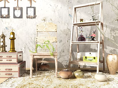 Wooden Ladder Bookshelf With Decorative Vases Picture Frames And Vintage Chest Near Wicker Chair 3d model