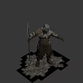 Helmeted Game Movie Knight Character In Metallic Armor Holding Spiked Spear Pointing Forward