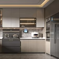 Modern Kitchen Interior With Gray Cabinets Island Counter And Stainless Steel Appliances