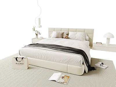 Modern Double Bed With Upholstered Headboard Bedside Lamp Vase And Striped Rug 3d model