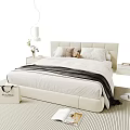 Modern Double Bed With Upholstered Headboard Bedside Lamp Vase And Striped Rug