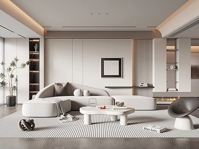 Modern Living Room Interior Design With White Sofa Round Coffee Table Gray Carpet And Fireplace 3d model