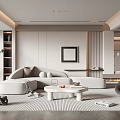 Modern Living Room Interior Design With White Sofa Round Coffee Table Gray Carpet And Fireplace