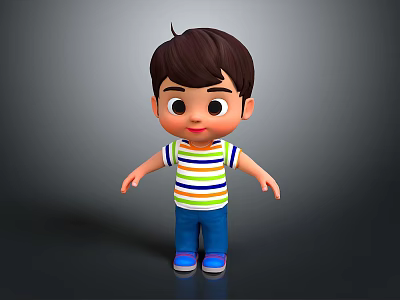 3D Model Boy With Colorful Striped Shirt Blue Pants And Brown Hair On Black Background 3d model