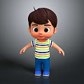 3D Model Boy With Colorful Striped Shirt Blue Pants And Brown Hair On Black Background