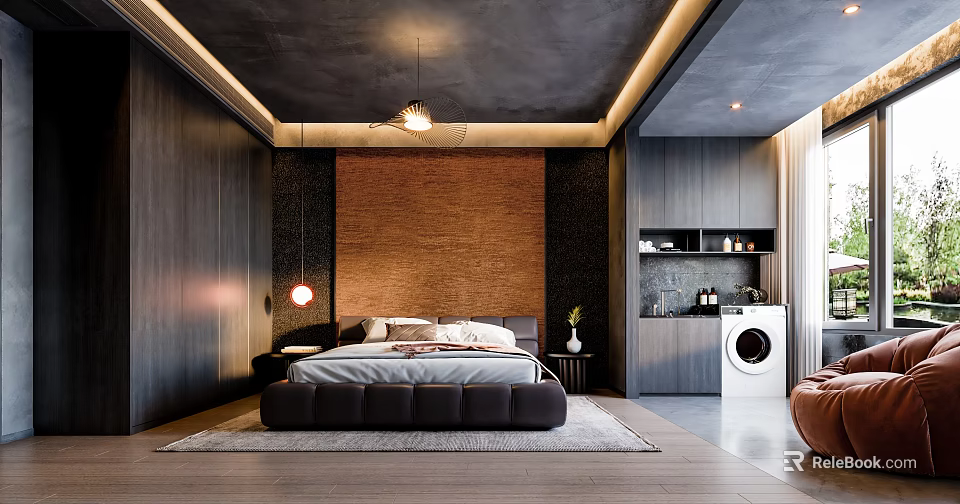 Modern Bedroom With Dark Ceiling Wooden Wall Panel Large Bed Pendant Light And Rug 3d model 