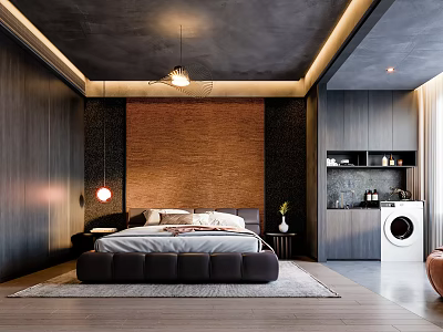 Modern Bedroom With Dark Ceiling Wooden Wall Panel Large Bed Pendant Light And Rug 3d model