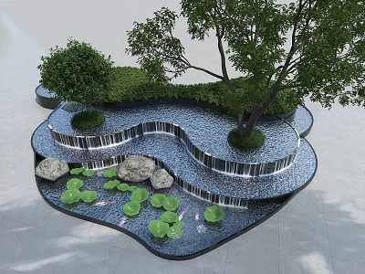 Tranquil Waterfront Landscape With Curved Waterfall Lotus Leaves Stones And Green Trees 3d model