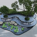 Tranquil Waterfront Landscape With Curved Waterfall Lotus Leaves Stones And Green Trees