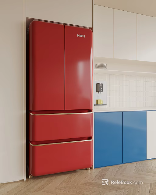 Red Refrigerator Freezer in Modern Kitchen with Blue and White Cabinets 3d model 