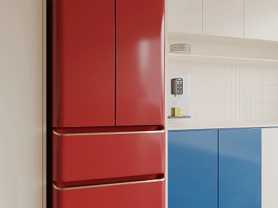 Red Refrigerator Freezer in Modern Kitchen with Blue and White Cabinets 3d model