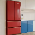 Red Refrigerator Freezer in Modern Kitchen with Blue and White Cabinets 3d model