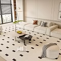 White Sofa and Round Coffee Table Set With Throw Pillows Checkered Rug and Wall Art 3d model