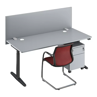 Gray Office Desk With Cable Management Holes Filing Cabinet On Wheels Red Chair Metal Frame 3d model