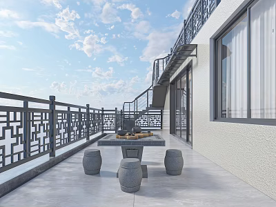 Chinese Style Home Balcony With Stone Table Stools Intricate Railing And Blue Sky Clouds 3d model