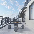 Chinese Style Home Balcony With Stone Table Stools Intricate Railing And Blue Sky Clouds