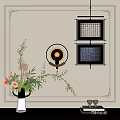 Modern Interior Wall Decor With Circular Lamp Art Frames And Flower Vase 3d model