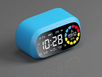 Blue Digital Alarm Clock Modern Design With Time Temperature Date And Colorful 3d model