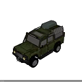 Military Style Green Off Road Vehicle With Worn Exterior Headlights On And Roof Light Bar