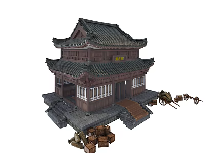 Cartoon Scene of Traditional Chinese Two Story Wooden Building with Tiled Roof Crates and Wheelbarrows 3d model