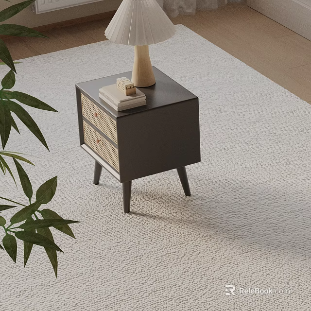 Modern Gray Nightstand With Woven Drawers Lamp Books And Plant On Carpet 3d model 
