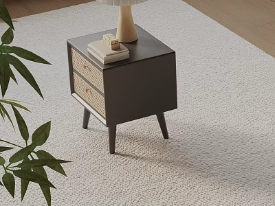 Modern Gray Nightstand With Woven Drawers Lamp Books And Plant On Carpet 3d model