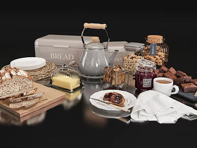 Delicious Breakfast Food Spread With Bread Butter Jam Cookies And Coffee 3d model