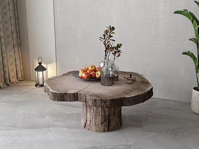 Rustic Round Wooden Coffee Table with Stump Base and Fruit Vase Decor 3d model