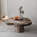 Rustic Round Wooden Coffee Table with Stump Base and Fruit Vase Decor